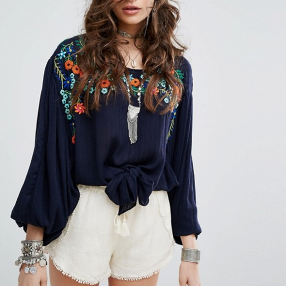Free People Tops - Free People Up And Away Embroidered Tie Up Top tee